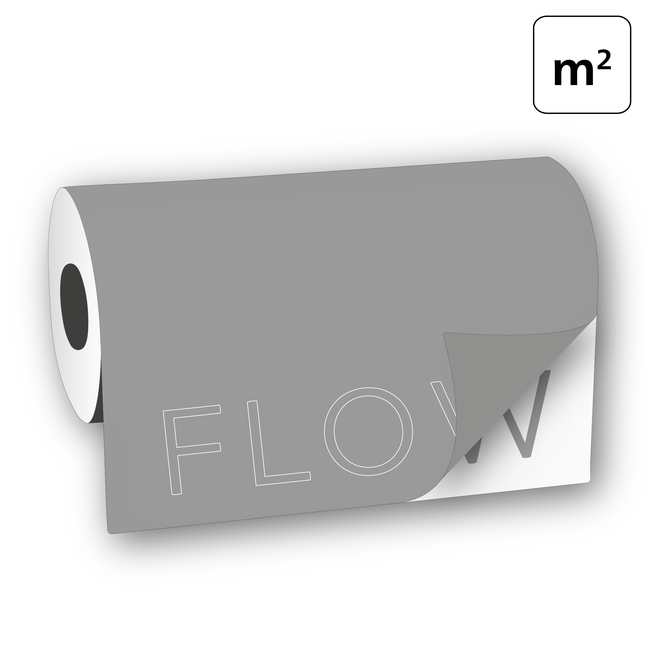 Naklejki wycinane z folii samoprzylepnej w rolce z odklejonym rogiem naklejki. Grafika przedstawia rolkę naklejek wycinanych stosowanych w reklamie, oznaczeniach i brandingu produktów – FLOW Drukarnia.