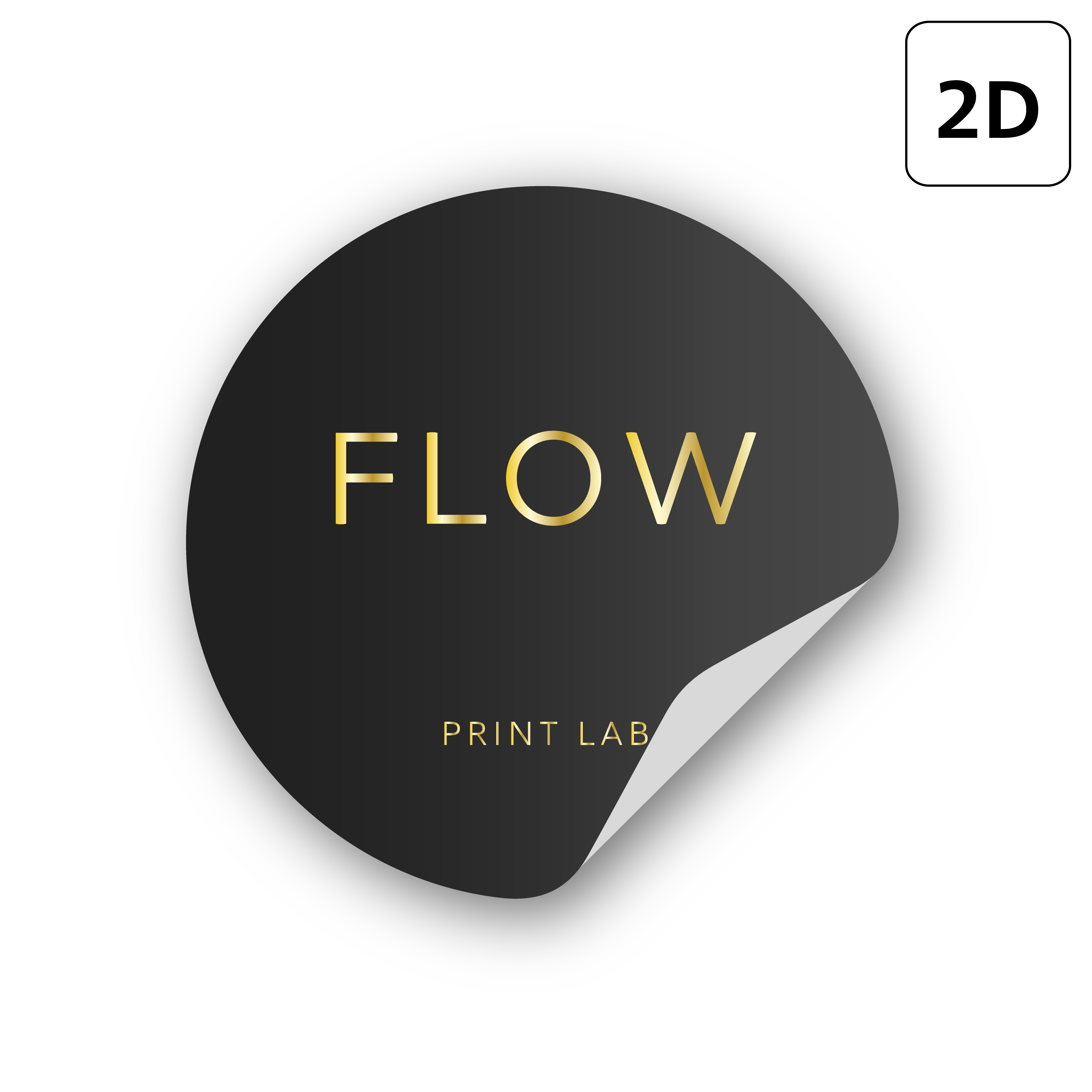 Okrągła biała etykieta samoprzylepna z napisem FLOW PRINT LAB wykonanym w złoceniu.