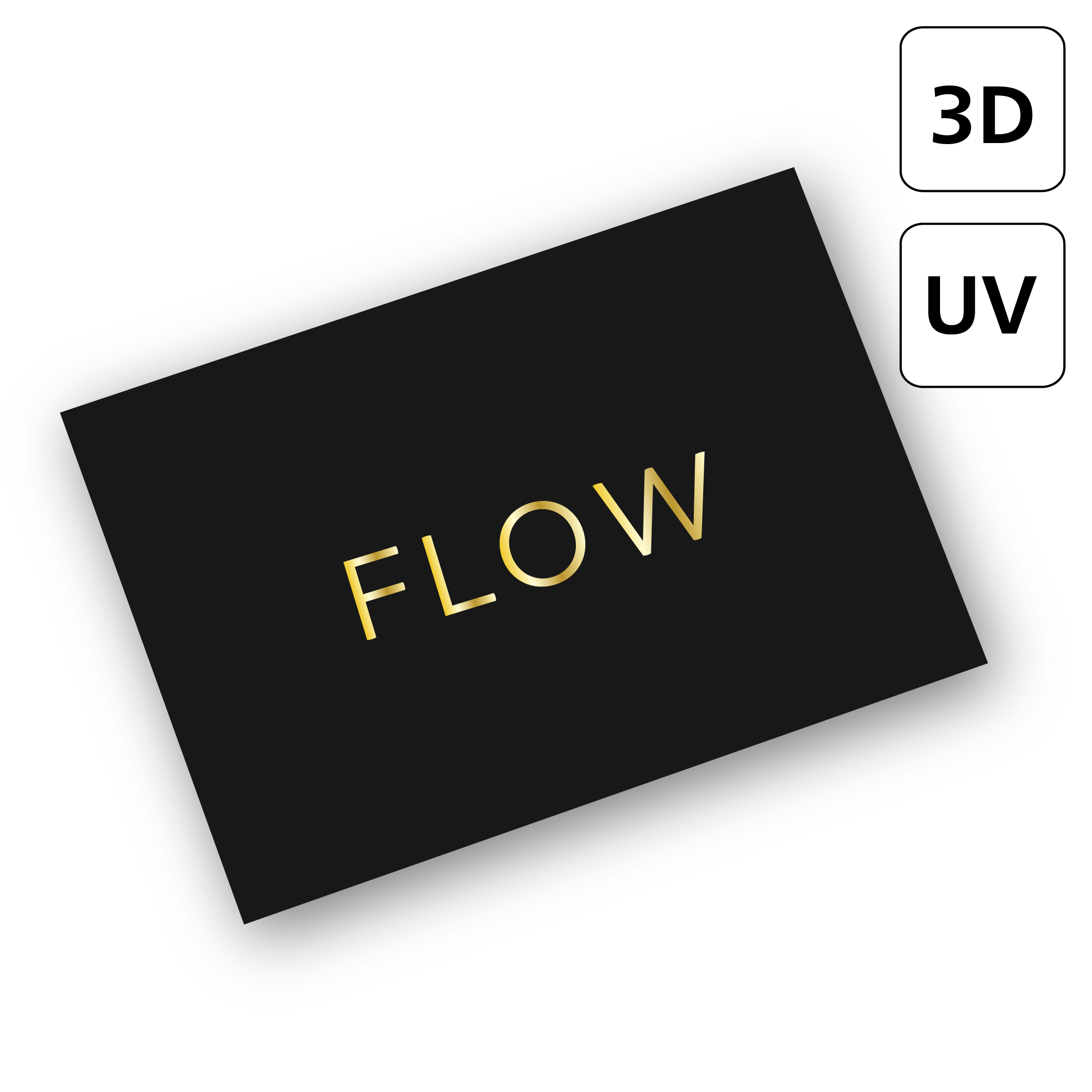 Ikona ulotki z oznaczeniem 3D UV symbolizująca druk ulotek z wypukłym lakierem UV. Efekt podniesionego połysku podkreślający logo i elementy graficzne w materiałach reklamowych.