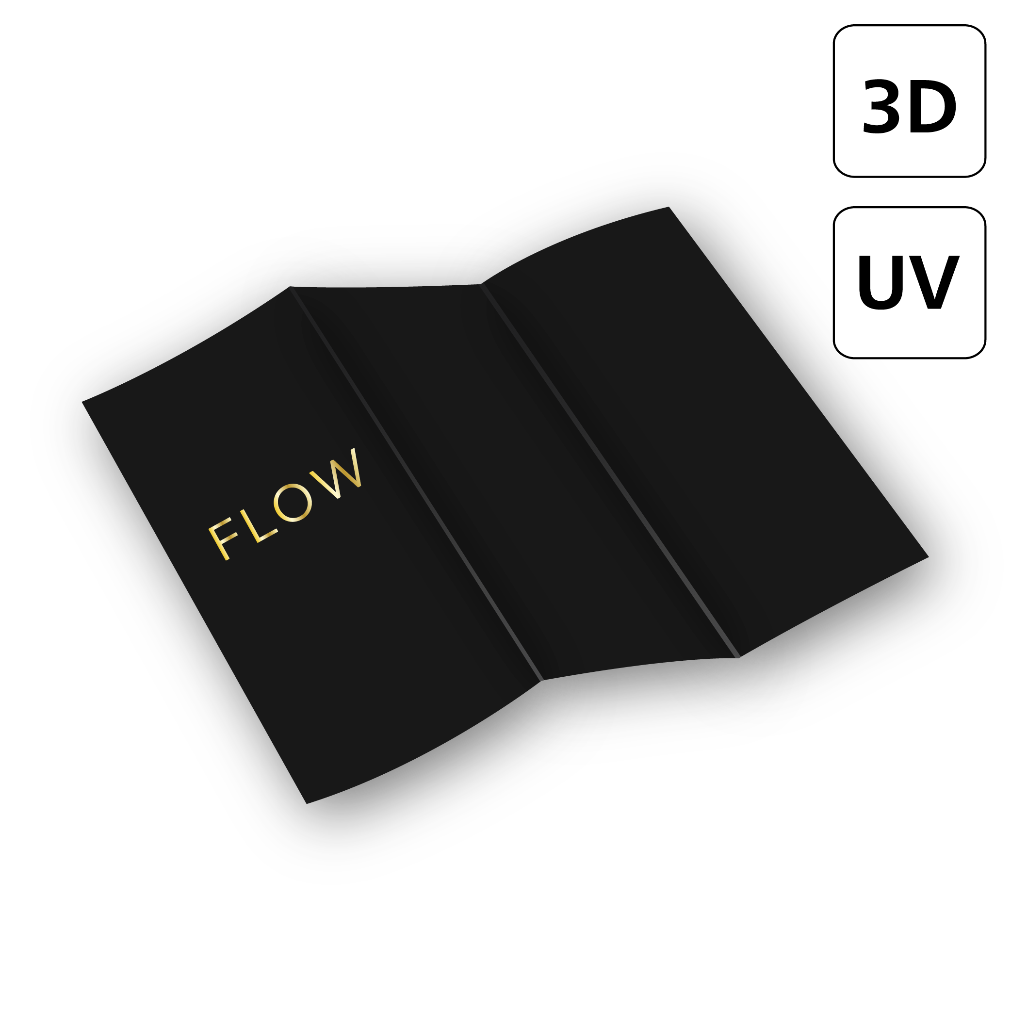 Ikona ulotki składanej z oznaczeniem 3D UV symbolizująca druk ulotek składanych z wypukłym lakierem UV i efektem premium podkreślającym logo oraz elementy graficzne.